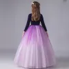 Modest / Simple Purple Gradient-Color Suede Winter Birthday Flower Girl Dresses 2020 Ball Gown Scoop Neck 3/4 Sleeve Floor-Length / Long Ruffle