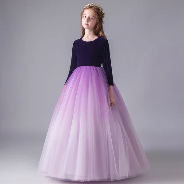 Modest / Simple Purple Gradient-Color Suede Winter Birthday Flower Girl Dresses 2020 Ball Gown Scoop Neck 3/4 Sleeve Floor-Length / Long Ruffle