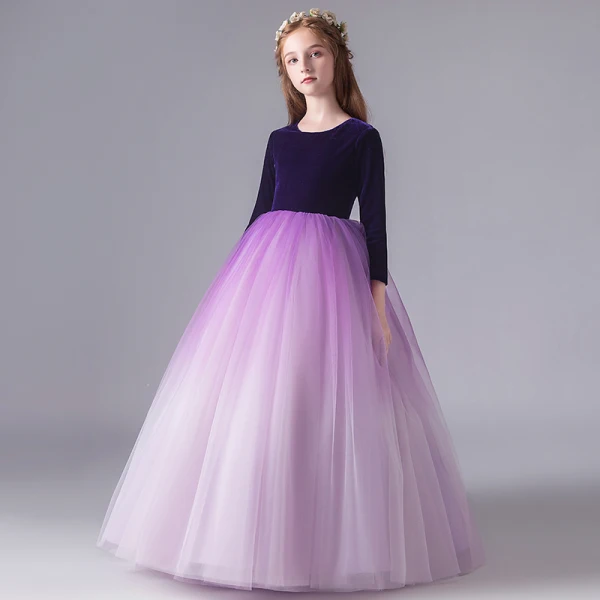 Modest / Simple Purple Gradient-Color Suede Winter Birthday Flower Girl Dresses 2020 Ball Gown Scoop Neck 3/4 Sleeve Floor-Length / Long Ruffle