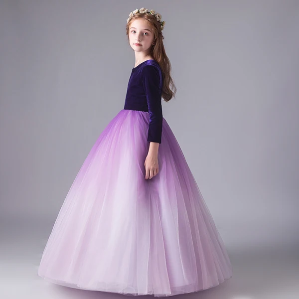 Modest / Simple Purple Gradient-Color Suede Winter Birthday Flower Girl Dresses 2020 Ball Gown Scoop Neck 3/4 Sleeve Floor-Length / Long Ruffle