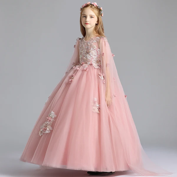 Flower Fairy Pearl Pink See-through Birthday Flower Girl Dresses 2020 Ball Gown Scoop Neck Sleeveless Appliques Flower Beading Pearl Watteau Train Ruffle