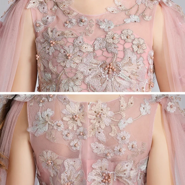 Flower Fairy Pearl Pink See-through Birthday Flower Girl Dresses 2020 Ball Gown Scoop Neck Sleeveless Appliques Flower Beading Pearl Watteau Train Ruffle