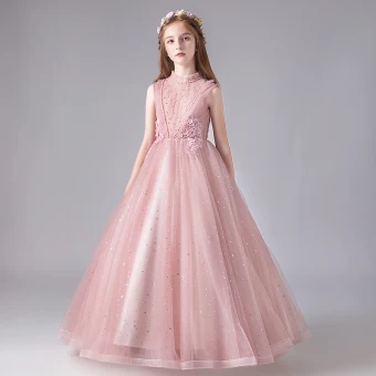 Vintage Retro Pearl Pink See Through Birthday Flower Girl Dresses 2020 Ball Gown High Neck Sleeveless Appliques Lace Beading Sequins Tulle Floor Length Long Ruffle