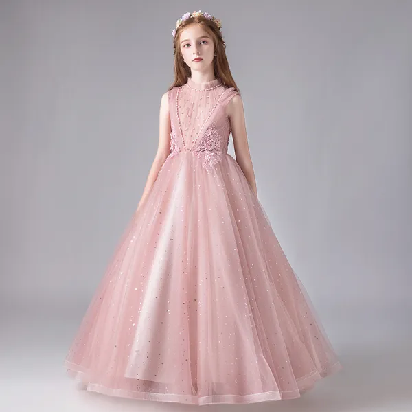 Vintage Różowy Perłowy Przezroczyste Urodziny Sukienki Dla Dziewczynek 2020 Suknia Balowa Wysokiej Szyi Bez Rękawów Aplikacje Z Koronki Frezowanie Cekiny Tiulowe Długie Wzburzyć