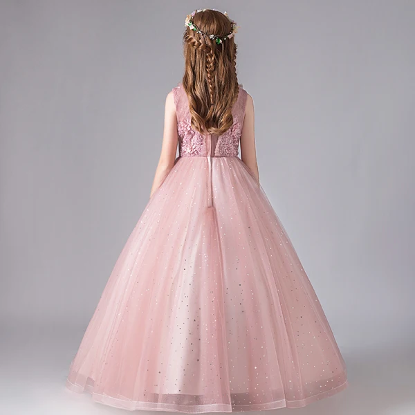 Vintage / Retro Pearl Pink See-through Birthday Flower Girl Dresses 2020 Ball Gown High Neck Sleeveless Appliques Lace Beading Sequins Tulle Floor-Length / Long Ruffle