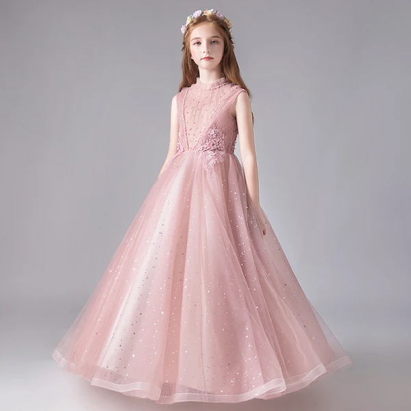 Vintage / Retro Pearl Pink See-through Birthday Flower Girl Dresses 2020 Ball Gown High Neck Sleeveless Appliques Lace Beading Sequins Tulle Floor-Length / Long Ruffle
