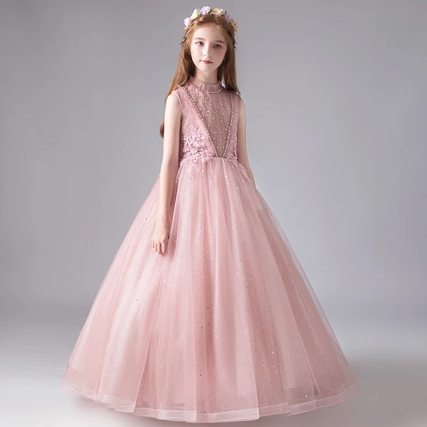 Vintage / Retro Pearl Pink See-through Birthday Flower Girl Dresses 2020 Ball Gown High Neck Sleeveless Appliques Lace Beading Sequins Tulle Floor-Length / Long Ruffle