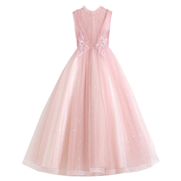 Vintage / Retro Pearl Pink See-through Birthday Flower Girl Dresses 2020 Ball Gown High Neck Sleeveless Appliques Lace Beading Sequins Tulle Floor-Length / Long Ruffle
