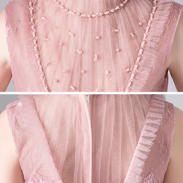 Vintage / Retro Pearl Pink See-through Birthday Flower Girl Dresses 2020 Ball Gown High Neck Sleeveless Appliques Lace Beading Sequins Tulle Floor-Length / Long Ruffle