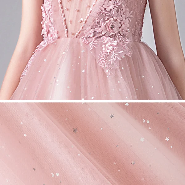 Vintage / Retro Pearl Pink See-through Birthday Flower Girl Dresses 2020 Ball Gown High Neck Sleeveless Appliques Lace Beading Sequins Tulle Floor-Length / Long Ruffle