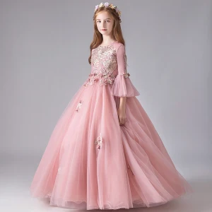 Chic Beautiful Pearl Pink Birthday Flower Girl Dresses 2020 Ball Gown Scoop Neck 3 4 Sleeve Bell Sleeves Appliques Flower Beading Pearl Floor Length Long Ruffle