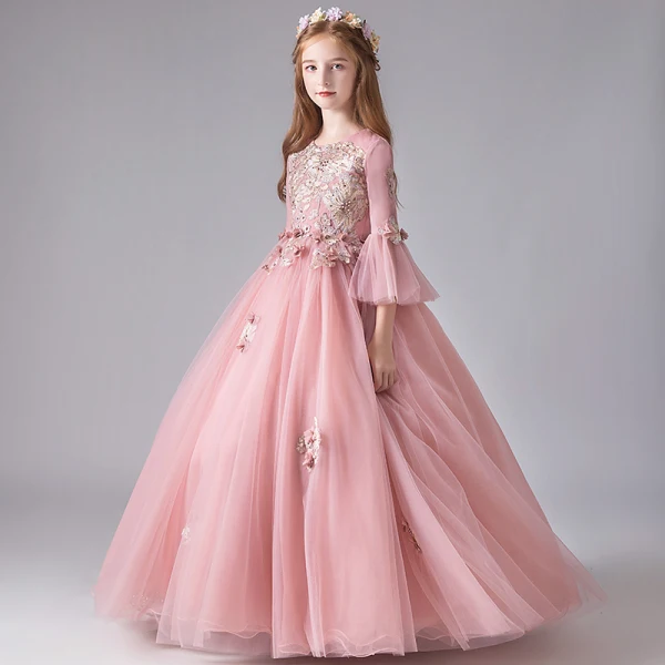 Chic / Beautiful Pearl Pink Birthday Flower Girl Dresses 2020 Ball Gown Scoop Neck 3/4 Sleeve Bell sleeves Appliques Flower Beading Pearl Floor-Length / Long Ruffle