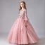 Chic / Beautiful Pearl Pink Birthday Flower Girl Dresses 2020 Ball Gown Scoop Neck 3/4 Sleeve Bell sleeves Appliques Flower Beading Pearl Floor-Length / Long Ruffle