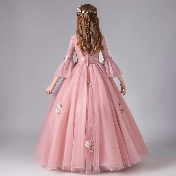 Chic / Beautiful Pearl Pink Birthday Flower Girl Dresses 2020 Ball Gown Scoop Neck 3/4 Sleeve Bell sleeves Appliques Flower Beading Pearl Floor-Length / Long Ruffle