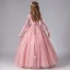 Chic / Beautiful Pearl Pink Birthday Flower Girl Dresses 2020 Ball Gown Scoop Neck 3/4 Sleeve Bell sleeves Appliques Flower Beading Pearl Floor-Length / Long Ruffle