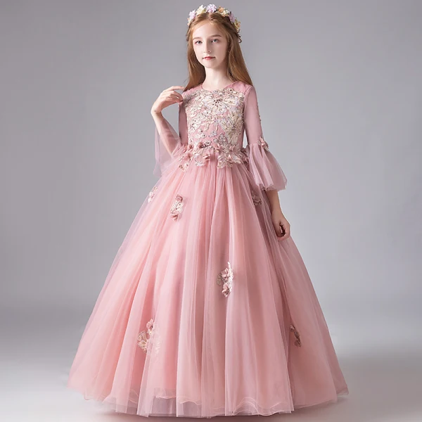 Chic / Beautiful Pearl Pink Birthday Flower Girl Dresses 2020 Ball Gown Scoop Neck 3/4 Sleeve Bell sleeves Appliques Flower Beading Pearl Floor-Length / Long Ruffle