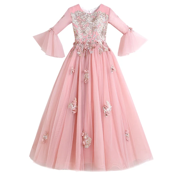 Chic / Beautiful Pearl Pink Birthday Flower Girl Dresses 2020 Ball Gown Scoop Neck 3/4 Sleeve Bell sleeves Appliques Flower Beading Pearl Floor-Length / Long Ruffle