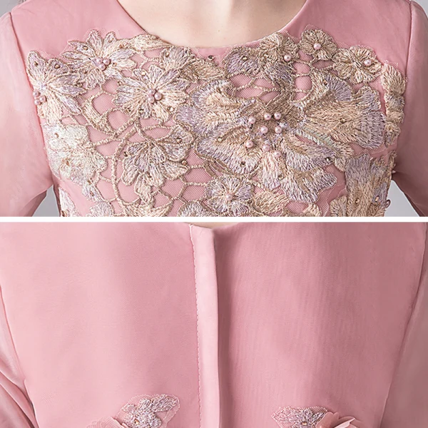 Chic / Beautiful Pearl Pink Birthday Flower Girl Dresses 2020 Ball Gown Scoop Neck 3/4 Sleeve Bell sleeves Appliques Flower Beading Pearl Floor-Length / Long Ruffle
