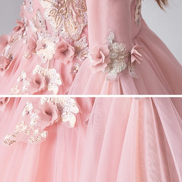 Chic / Beautiful Pearl Pink Birthday Flower Girl Dresses 2020 Ball Gown Scoop Neck 3/4 Sleeve Bell sleeves Appliques Flower Beading Pearl Floor-Length / Long Ruffle