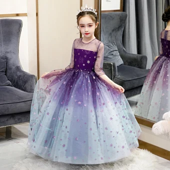 Conte De Fée Grape Dégradé De Couleur Transparentes Anniversaire Robe Ceremonie Fille 2020 Robe Boule Encolure Dégagée 3 4 Manches Glitter Étoile Longue Volants