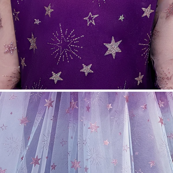 Fairytale Grape Gradient-Color See-through Birthday Flower Girl Dresses 2020 Ball Gown Scoop Neck 3/4 Sleeve Glitter Star Floor-Length / Long Ruffle