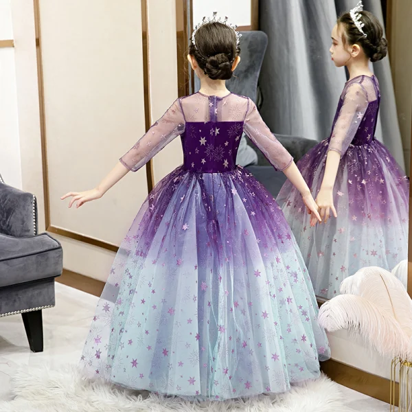 Fairytale Grape Gradient-Color See-through Birthday Flower Girl Dresses 2020 Ball Gown Scoop Neck 3/4 Sleeve Glitter Star Floor-Length / Long Ruffle