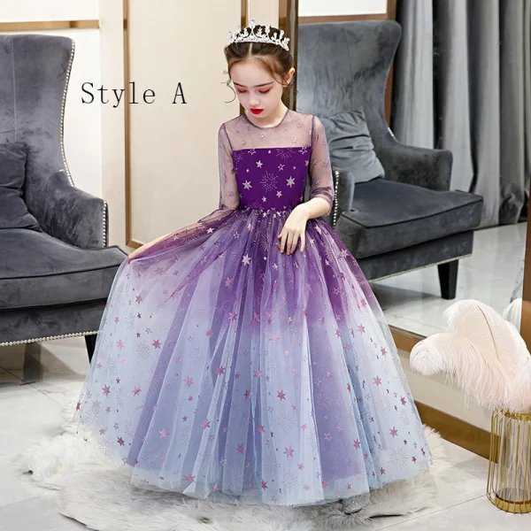 Fairytale Grape Gradient-Color See-through Birthday Flower Girl Dresses 2020 Ball Gown Scoop Neck 3/4 Sleeve Glitter Star Floor-Length / Long Ruffle
