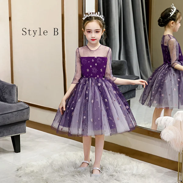 Fairytale Grape Gradient-Color See-through Birthday Flower Girl Dresses 2020 Ball Gown Scoop Neck 3/4 Sleeve Glitter Star Floor-Length / Long Ruffle