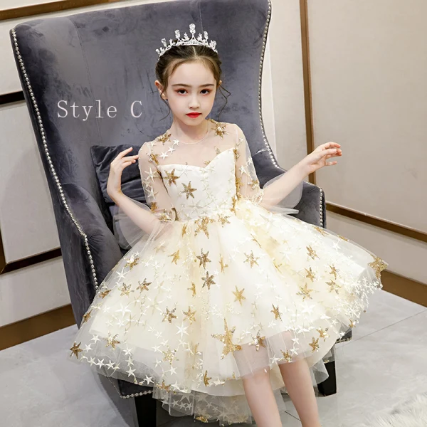 Fairytale Grape Gradient-Color See-through Birthday Flower Girl Dresses 2020 Ball Gown Scoop Neck 3/4 Sleeve Glitter Star Floor-Length / Long Ruffle