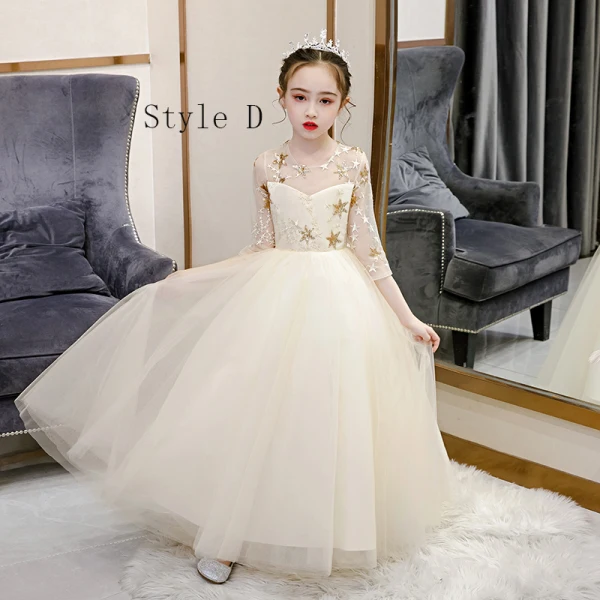 Fairytale Grape Gradient-Color See-through Birthday Flower Girl Dresses 2020 Ball Gown Scoop Neck 3/4 Sleeve Glitter Star Floor-Length / Long Ruffle