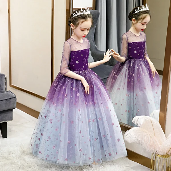 Fairytale Grape Gradient-Color See-through Birthday Flower Girl Dresses 2020 Ball Gown Scoop Neck 3/4 Sleeve Glitter Star Floor-Length / Long Ruffle