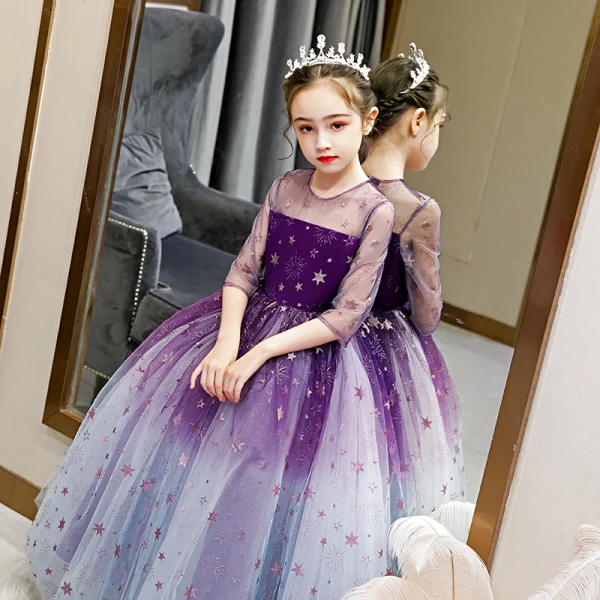 Fairytale Grape Gradient-Color See-through Birthday Flower Girl Dresses 2020 Ball Gown Scoop Neck 3/4 Sleeve Glitter Star Floor-Length / Long Ruffle