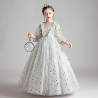 Victorian Style Grey See Through Birthday Flower Girl Dresses 2020 Princess Scoop Neck Puffy Long Sleeve Glitter Star Floor Length Long Ruffle