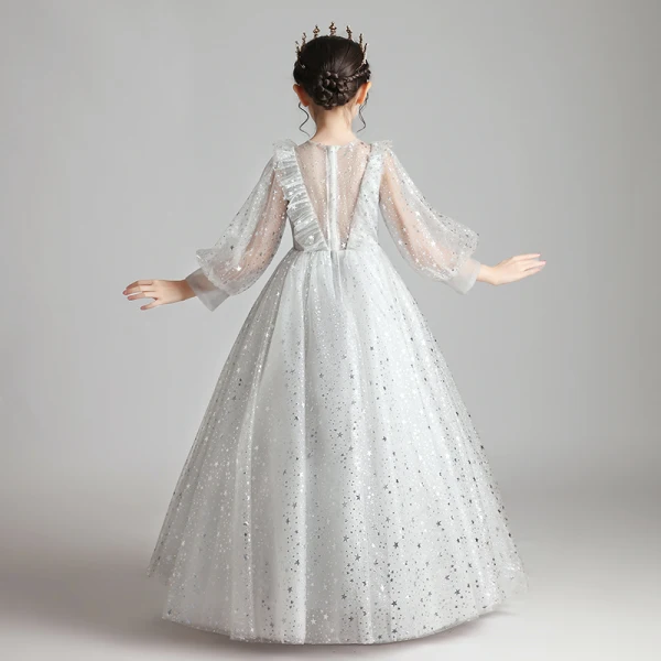 Style Victorien Gris Transparentes Anniversaire Robe Ceremonie Fille 2020 Princesse Encolure Dégagée Gonflée Manches Longues Glitter Étoile Longue Volants