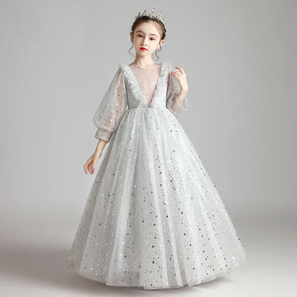 Style Victorien Gris Transparentes Anniversaire Robe Ceremonie Fille 2020 Princesse Encolure Dégagée Gonflée Manches Longues Glitter Étoile Longue Volants