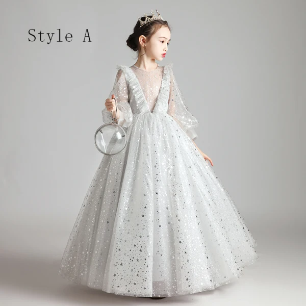 Style Victorien Gris Transparentes Anniversaire Robe Ceremonie Fille 2020 Princesse Encolure Dégagée Gonflée Manches Longues Glitter Étoile Longue Volants