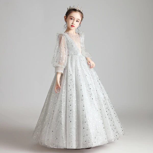 Style Victorien Gris Transparentes Anniversaire Robe Ceremonie Fille 2020 Princesse Encolure Dégagée Gonflée Manches Longues Glitter Étoile Longue Volants