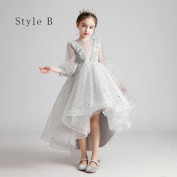 Style Victorien Gris Transparentes Anniversaire Robe Ceremonie Fille 2020 Princesse Encolure Dégagée Gonflée Manches Longues Glitter Étoile Longue Volants