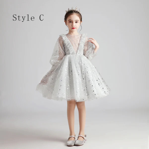 Style Victorien Gris Transparentes Anniversaire Robe Ceremonie Fille 2020 Princesse Encolure Dégagée Gonflée Manches Longues Glitter Étoile Longue Volants