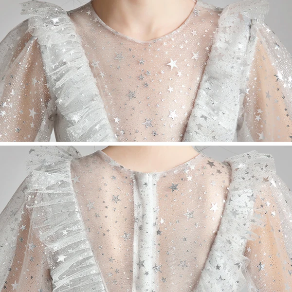 Style Victorien Gris Transparentes Anniversaire Robe Ceremonie Fille 2020 Princesse Encolure Dégagée Gonflée Manches Longues Glitter Étoile Longue Volants