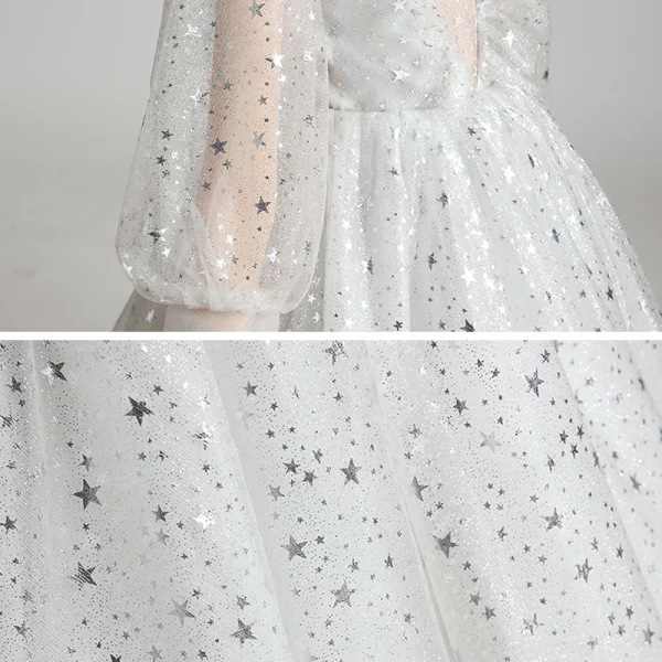 Style Victorien Gris Transparentes Anniversaire Robe Ceremonie Fille 2020 Princesse Encolure Dégagée Gonflée Manches Longues Glitter Étoile Longue Volants