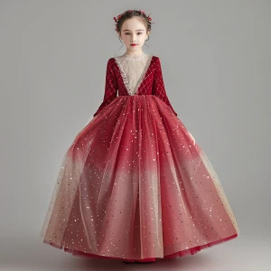 Chic Belle Bordeaux Daim Hiver Robe Ceremonie Fille 2020 Robe Boule Transparentes Col Haut 3 4 Manches Perlage Paillettes Tulle Longue Volants