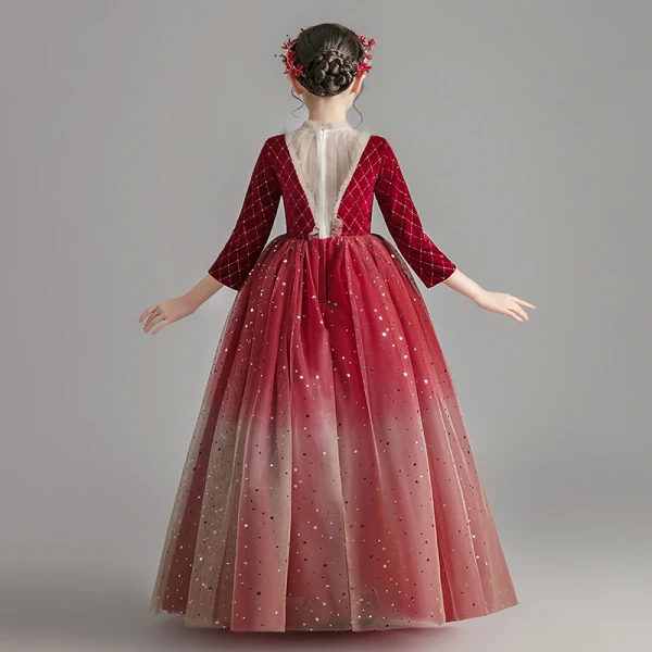 Chic / Beautiful Burgundy Suede Winter Flower Girl Dresses 2020 Ball Gown See-through High Neck 3/4 Sleeve Beading Sequins Tulle Floor-Length / Long Ruffle
