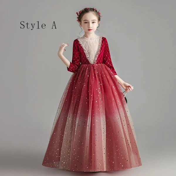 Chic / Beautiful Burgundy Suede Winter Flower Girl Dresses 2020 Ball Gown See-through High Neck 3/4 Sleeve Beading Sequins Tulle Floor-Length / Long Ruffle