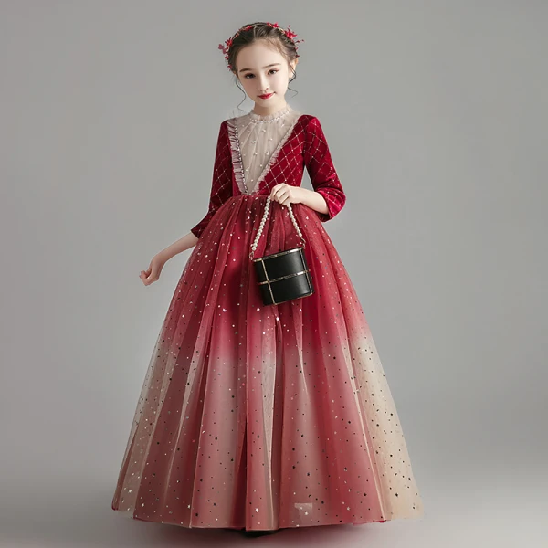 Chic / Beautiful Burgundy Suede Winter Flower Girl Dresses 2020 Ball Gown See-through High Neck 3/4 Sleeve Beading Sequins Tulle Floor-Length / Long Ruffle