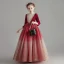Chic / Beautiful Burgundy Suede Winter Flower Girl Dresses 2020 Ball Gown See-through High Neck 3/4 Sleeve Beading Sequins Tulle Floor-Length / Long Ruffle