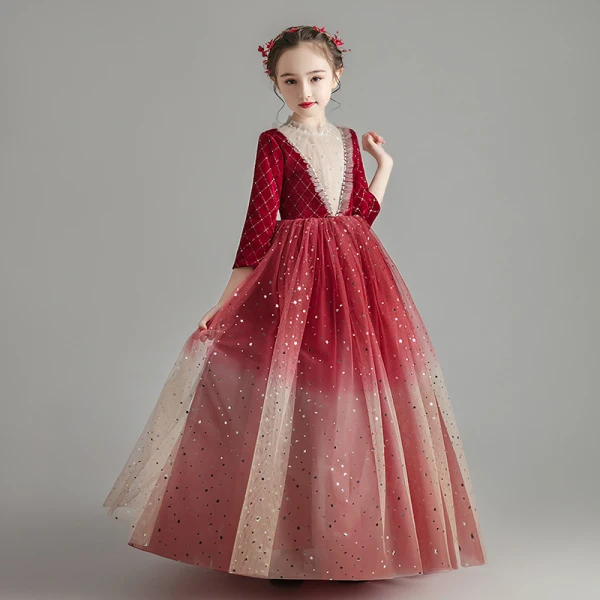Chic / Beautiful Burgundy Suede Winter Flower Girl Dresses 2020 Ball Gown See-through High Neck 3/4 Sleeve Beading Sequins Tulle Floor-Length / Long Ruffle