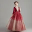 Chic / Beautiful Burgundy Suede Winter Flower Girl Dresses 2020 Ball Gown See-through High Neck 3/4 Sleeve Beading Sequins Tulle Floor-Length / Long Ruffle