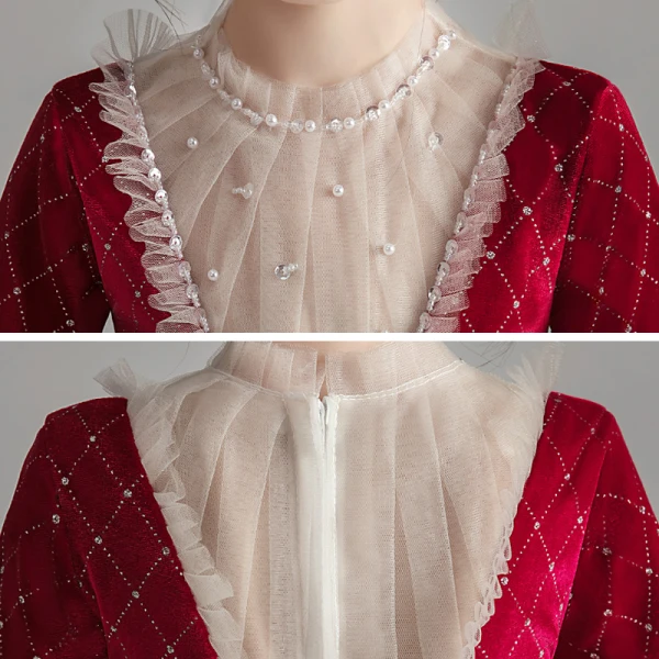 Chic / Beautiful Burgundy Suede Winter Flower Girl Dresses 2020 Ball Gown See-through High Neck 3/4 Sleeve Beading Sequins Tulle Floor-Length / Long Ruffle