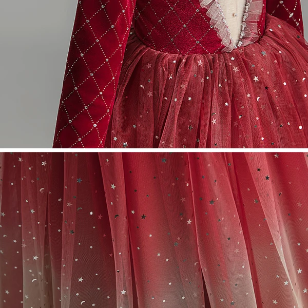 Chic / Beautiful Burgundy Suede Winter Flower Girl Dresses 2020 Ball Gown See-through High Neck 3/4 Sleeve Beading Sequins Tulle Floor-Length / Long Ruffle